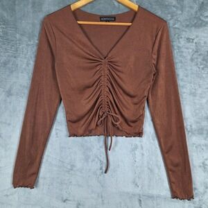 Electrica Top Medium Brown Y2K Fairy Goblin Cropped Ruched Tie Front Lettuce Hem